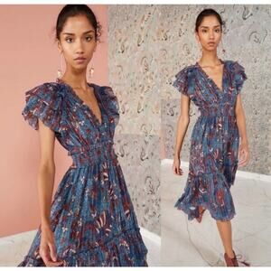 Women's ULLA johnson Cicely Dress Azul Midi Dress Flutter Sz 2